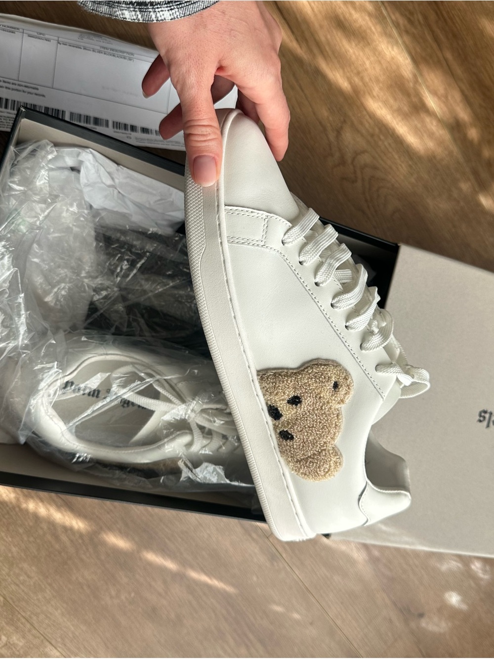 Palm Angels White Kids Sneakers with Beige Teddy Patch